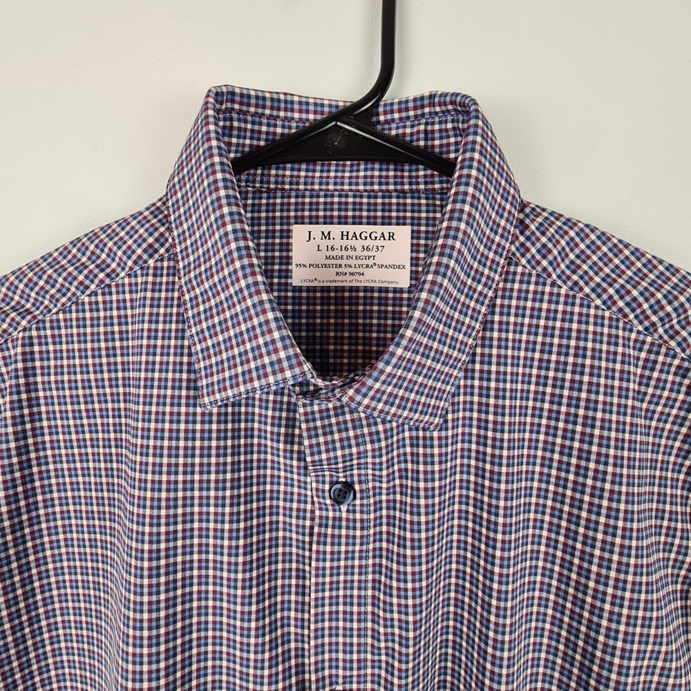 J.M. HAGGAR Dress Shirt Stretch Flex Collar Plaid Button Up L 16/16.5 36/37 READ